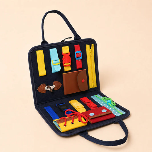 Busy Board Sensory Learning Toy – Zippers, Buckles & Lacing Activities