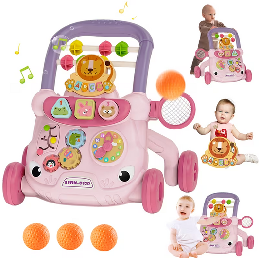 Multi-Functional Baby Walker with Detachable Lion Piano & Basketball Hoop