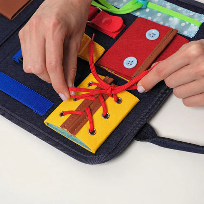 Busy Board Sensory Learning Toy – Zippers, Buckles & Lacing Activities