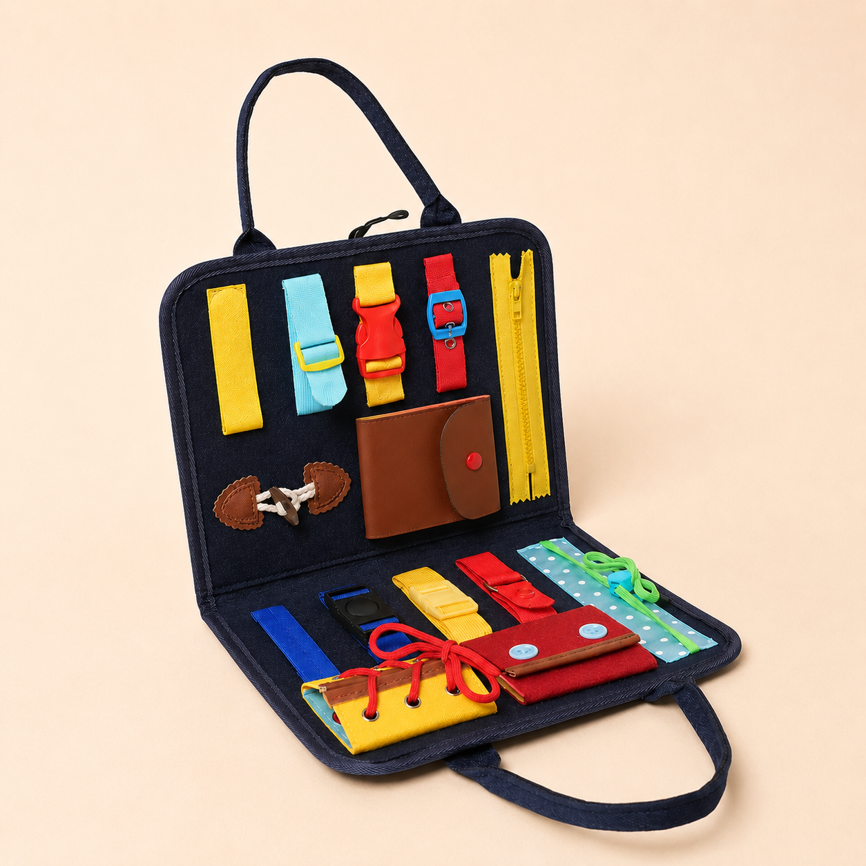 Busy Board Sensory Learning Toy – Zippers, Buckles & Lacing Activities