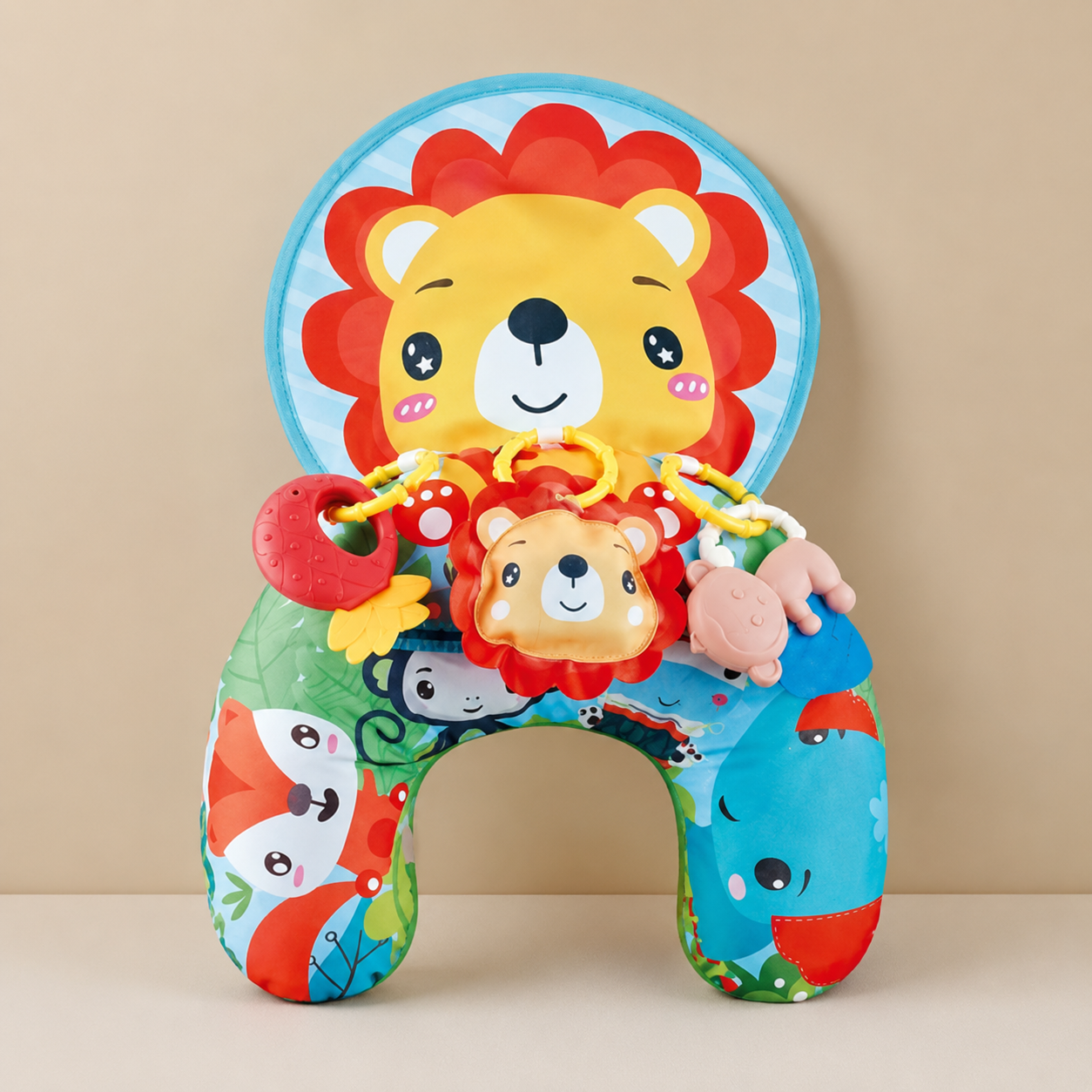Interactive Tummy Time Toy  Play Pillow with Lion Rattle