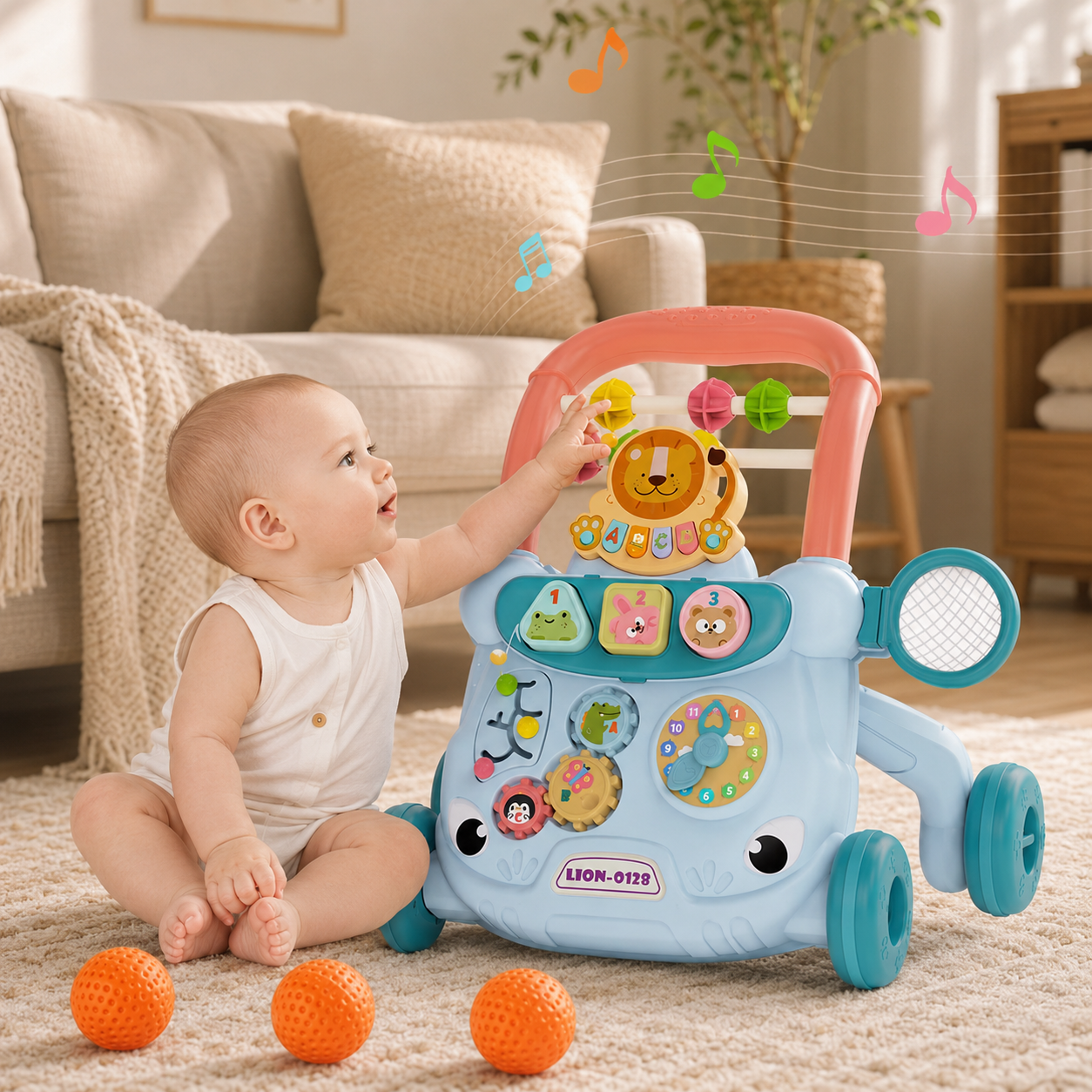 Multi-Functional Baby Walker with Detachable Lion Piano & Basketball Hoop