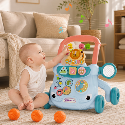 Multi-Functional Baby Walker with Detachable Lion Piano & Basketball Hoop