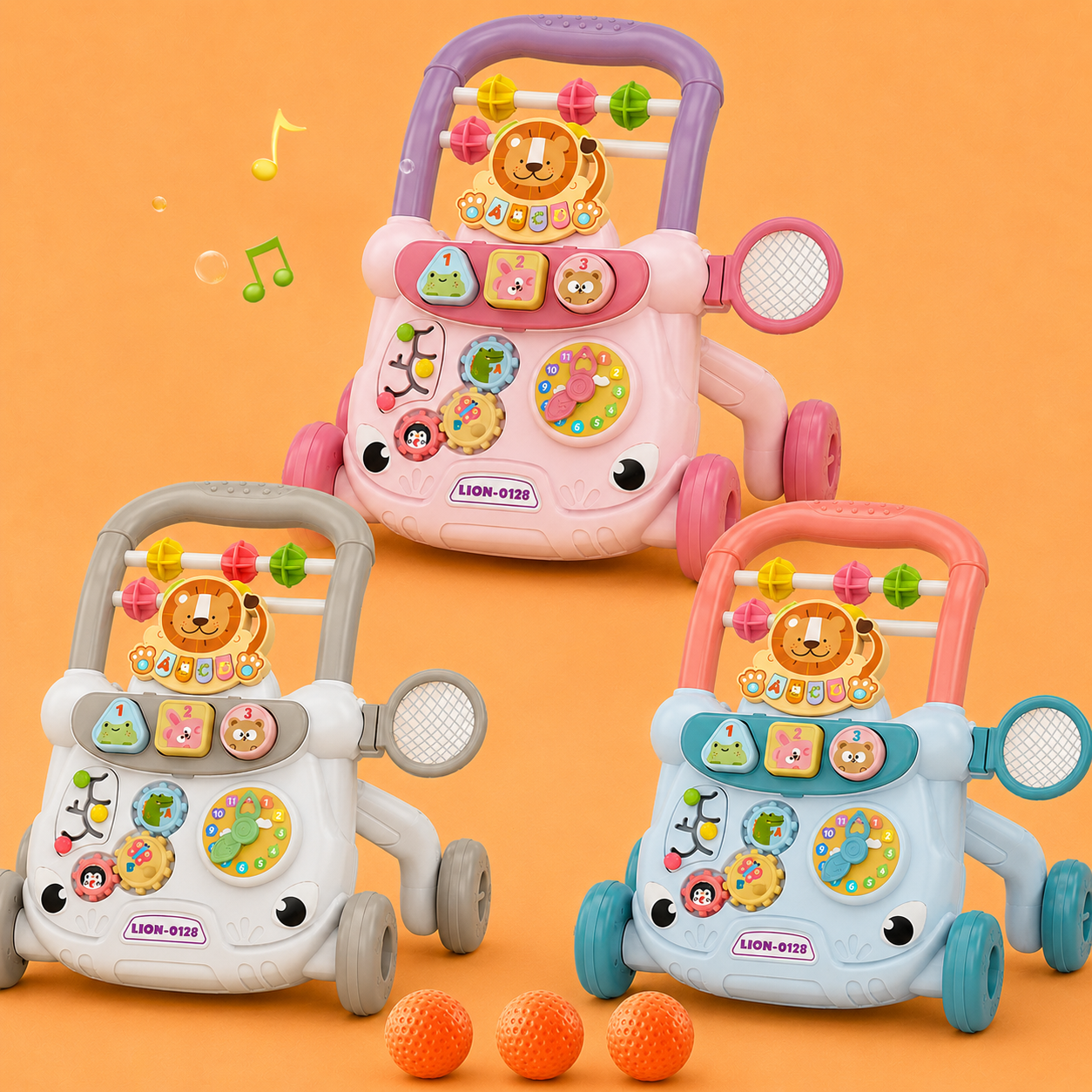 Multi-Functional Baby Walker with Detachable Lion Piano & Basketball Hoop