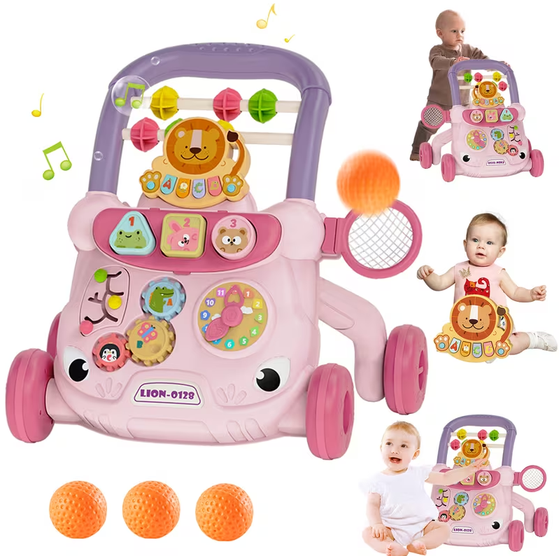 Multi-Functional Baby Walker with Detachable Lion Piano & Basketball Hoop