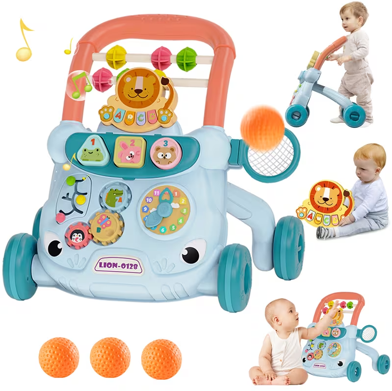 Multi-Functional Baby Walker with Detachable Lion Piano & Basketball Hoop